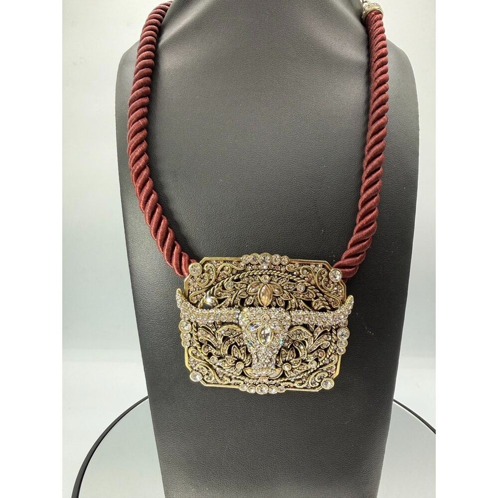 HEIDI DAUS WESTERN LONG HORN Crystal Pin/Brooch & Cord Necklace Set RARE UNIQUE